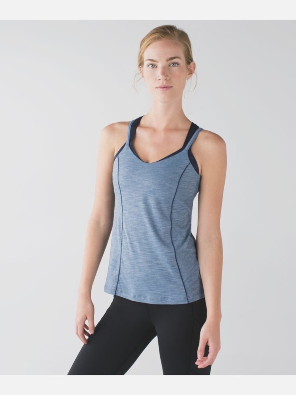 Lululemon Run For Gold Tank Heathered Blue Denim & Navy built in Bra Top Size 8